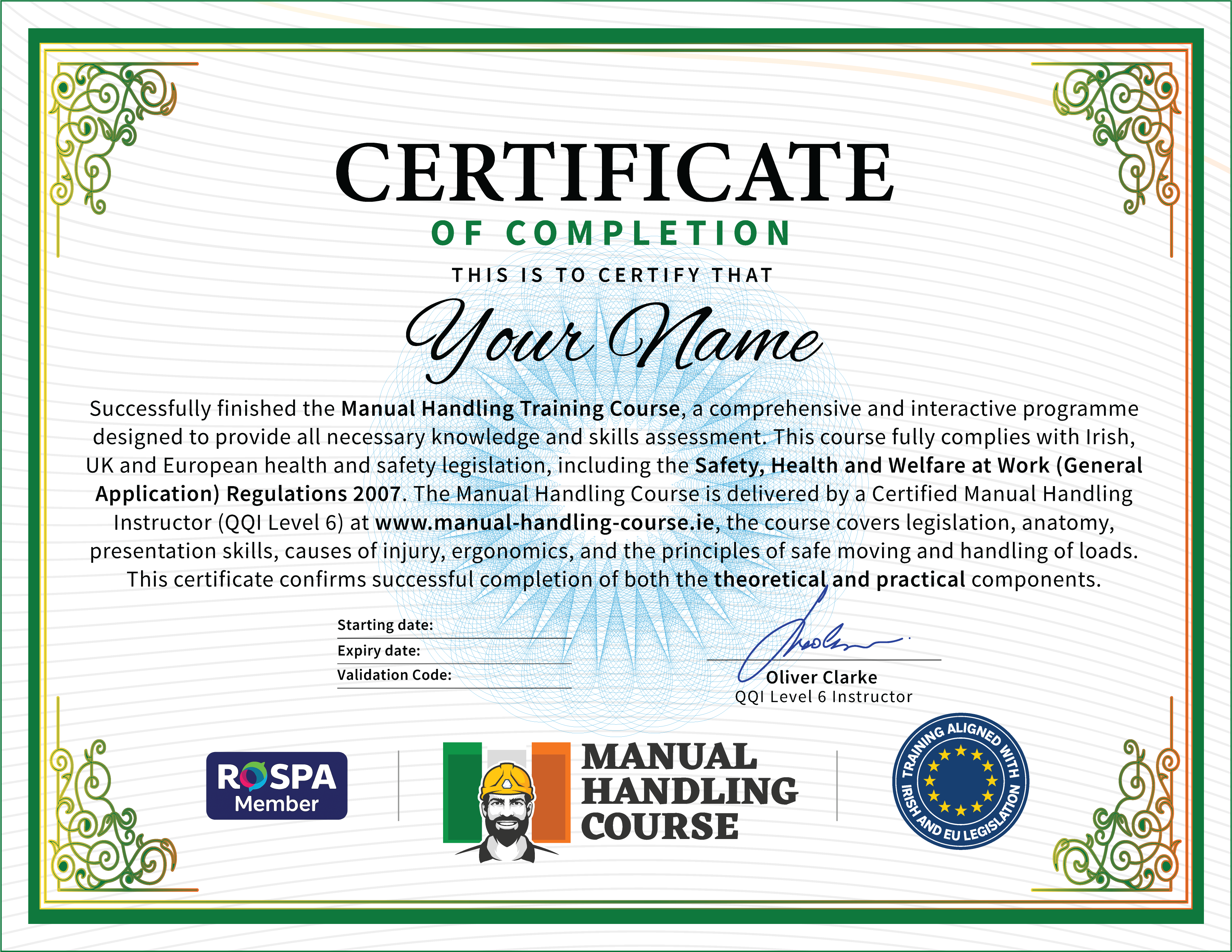 Manual Handling Certificate example - QQI accredited and RoSPA approved, issued online in Ireland